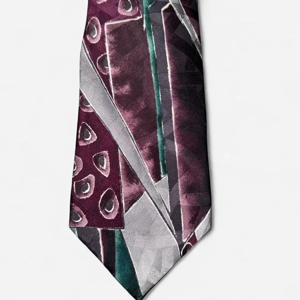 Burgundy Green and Grey Geometric 1980s J. T. Beckett Neck Tie